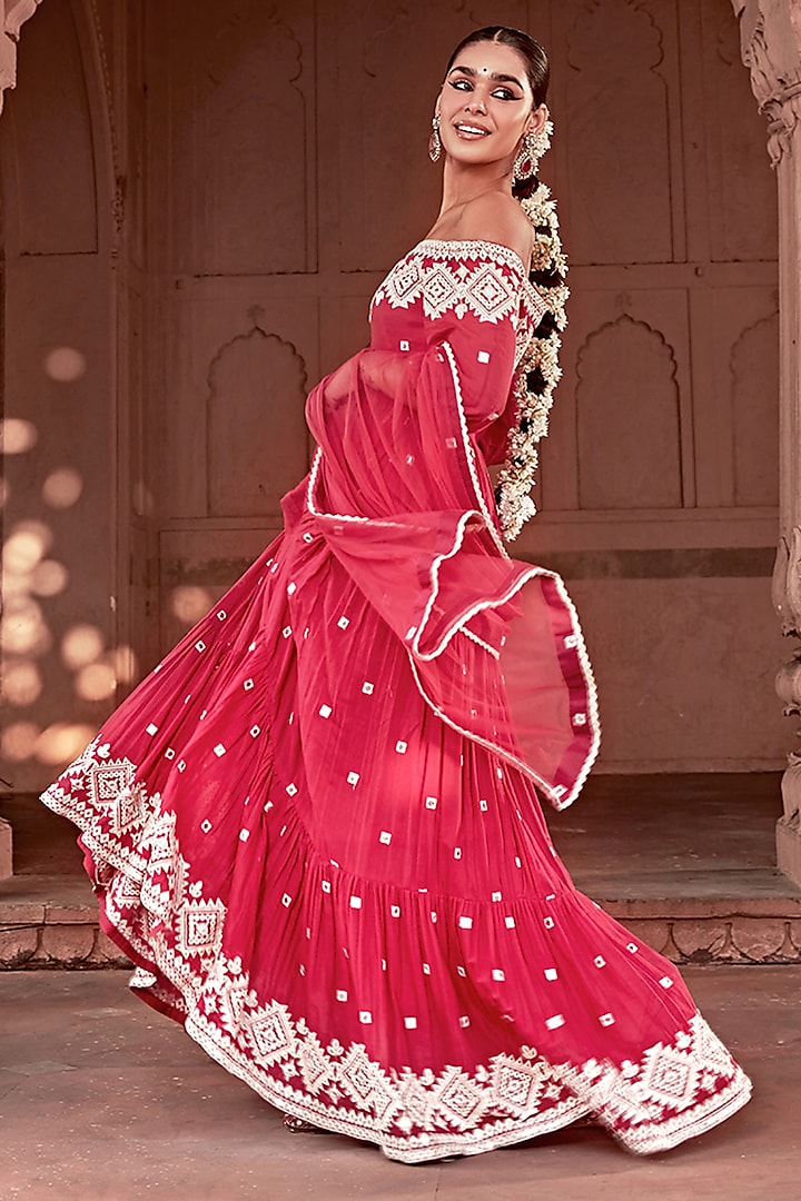 Fuchsia Cotton Mulmul Thread & Mirror Work Off-Shoulder Angrakha Anarkali Set by PREEVIN at Pernia's Pop Up Shop