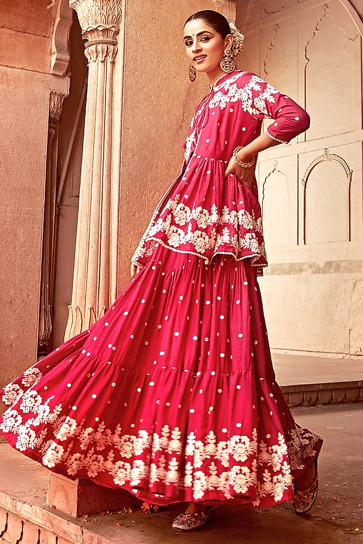 Fuchsia Cotton Mulmul Thread & Mirror Work Party Wear Anarkali Set by PREEVIN at Pernia's Pop Up Shop