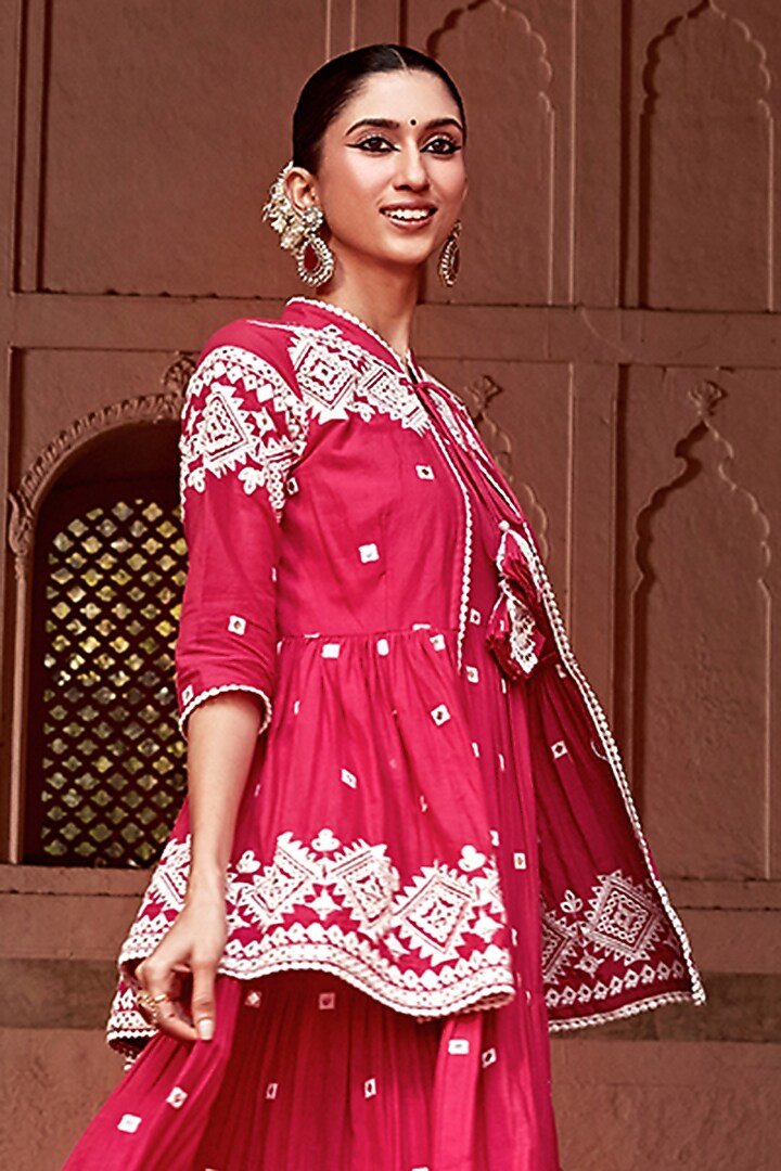 Fuchsia Cotton Mulmul Thread & Mirror Work Party Wear Anarkali Set by PREEVIN at Pernia's Pop Up Shop