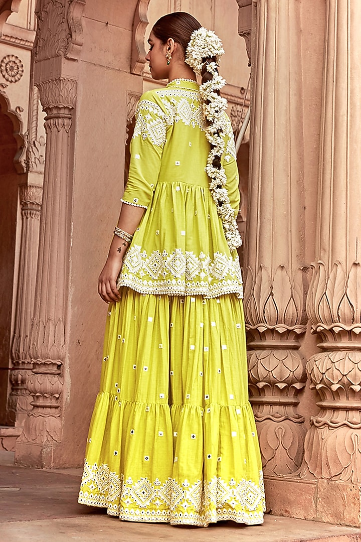 Neon Green Cotton Mulmul Thread & Mirror Work Party Wear Anarkali Set by PREEVIN at Pernia's Pop Up Shop