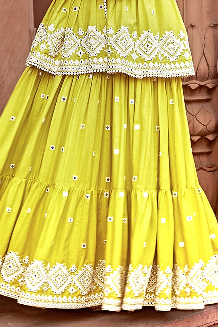 Neon Green Cotton Mulmul Thread & Mirror Work Party Wear Anarkali Set by PREEVIN at Pernia's Pop Up Shop