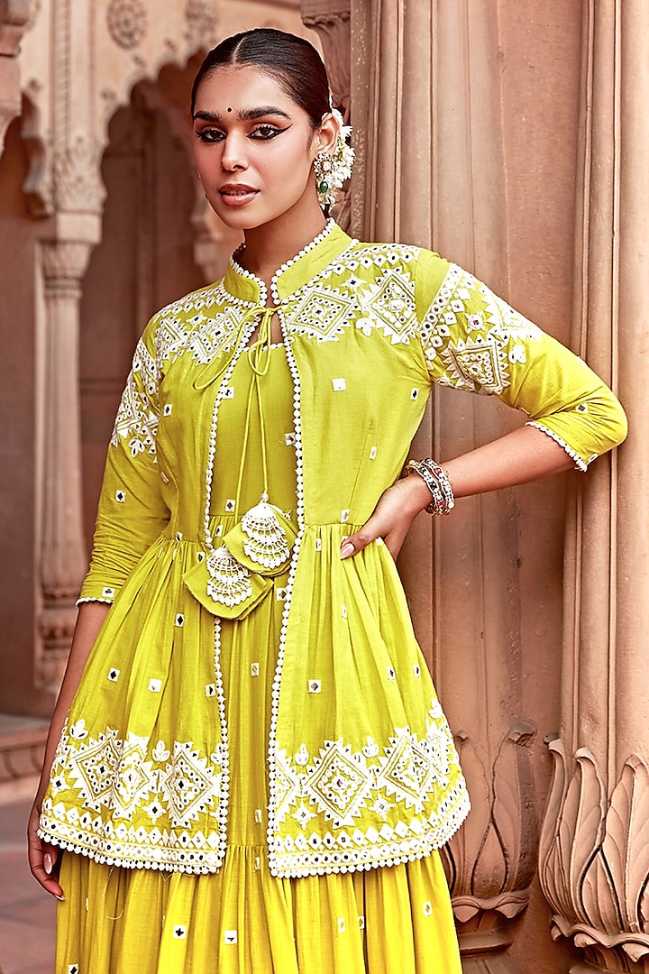 Neon Green Cotton Mulmul Thread & Mirror Work Party Wear Anarkali Set by PREEVIN at Pernia's Pop Up Shop