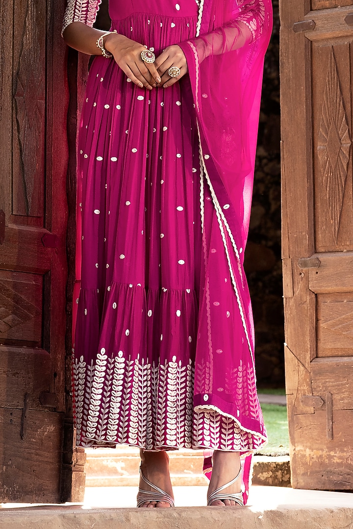 Fuchsia Cotton Mulmul Thread & Mirror Work Angrakha Anarkali Set by PREEVIN at Pernia's Pop Up Shop