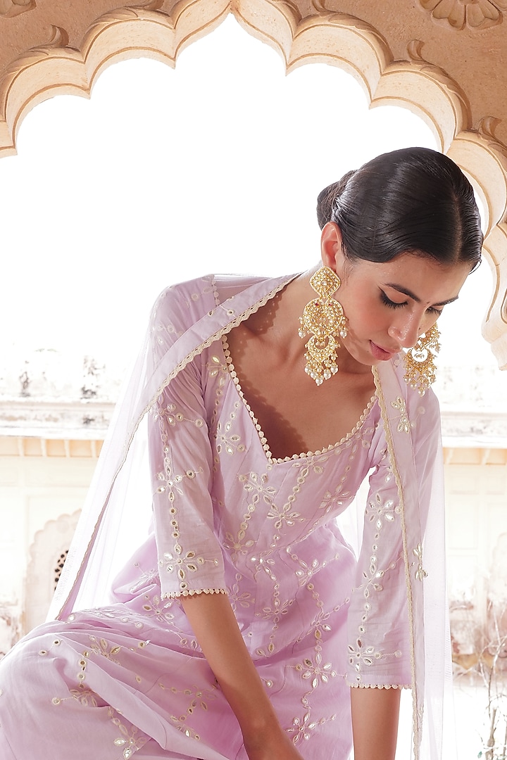 Lavender Cotton Mulmul Thread Embroidered Party Wear Anarkali Set by PREEVIN at Pernia's Pop Up Shop