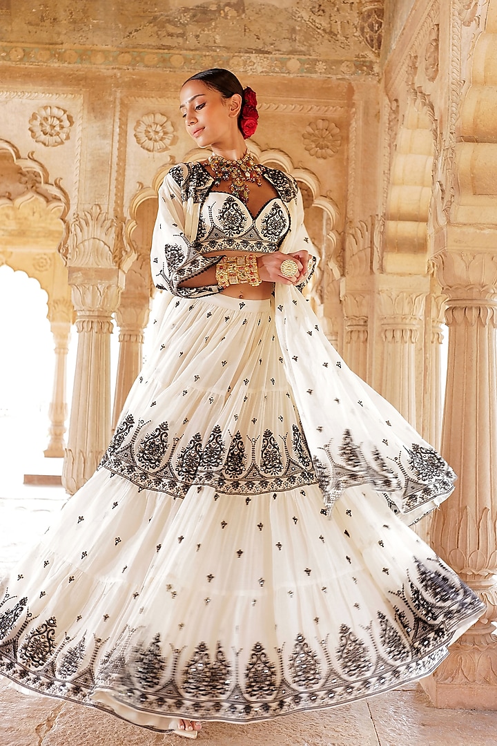 Black & White Cotton Mulmul Thread Embroidered Jacket Wedding Lehenga Set by PREEVIN at Pernia's Pop Up Shop