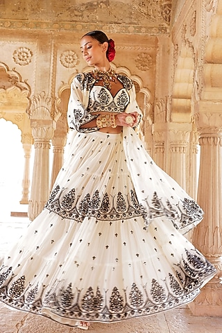 Black & White Cotton Mulmul Thread Embroidered Jacket Lehenga Set by PREEVIN