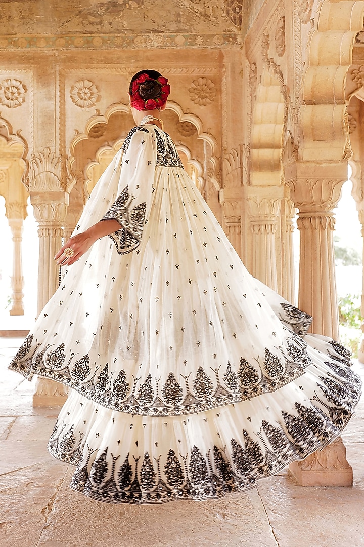 Black & White Cotton Mulmul Thread Embroidered Jacket Wedding Lehenga Set by PREEVIN at Pernia's Pop Up Shop
