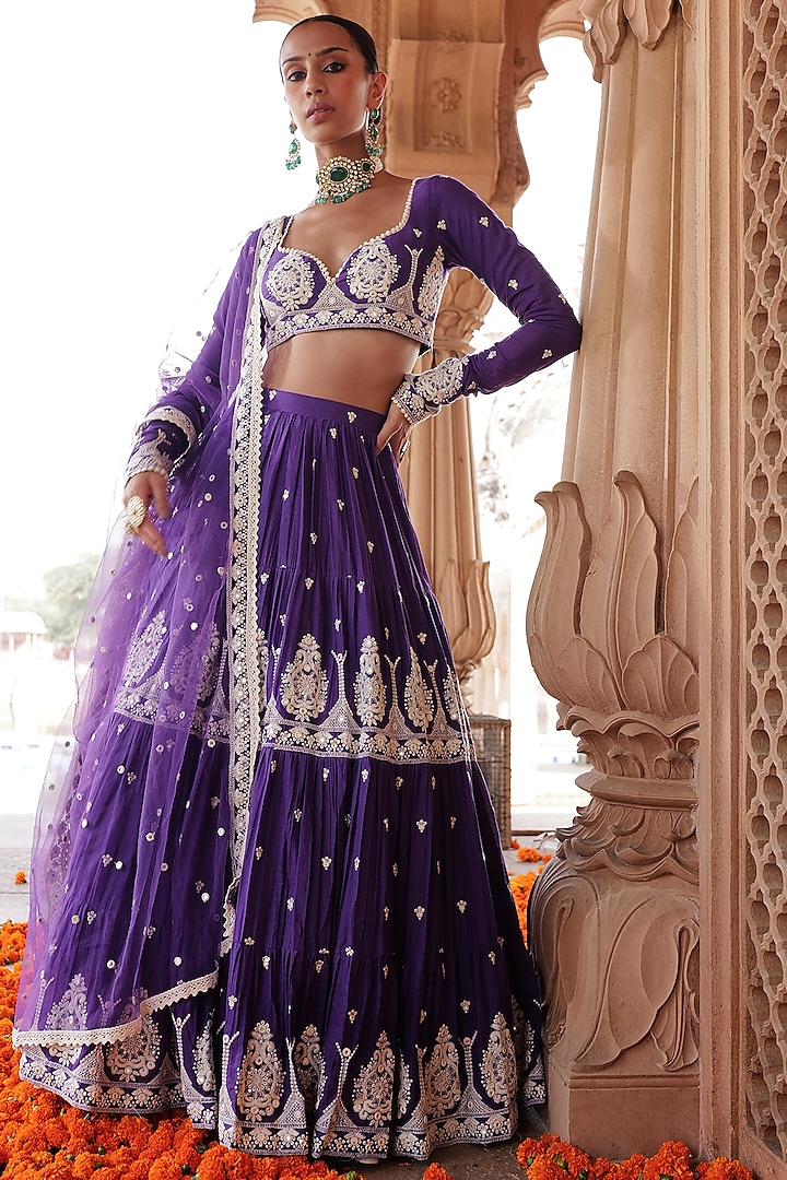 Purple Cotton Mulmul Thread Embroidered Lehenga Set by PREEVIN