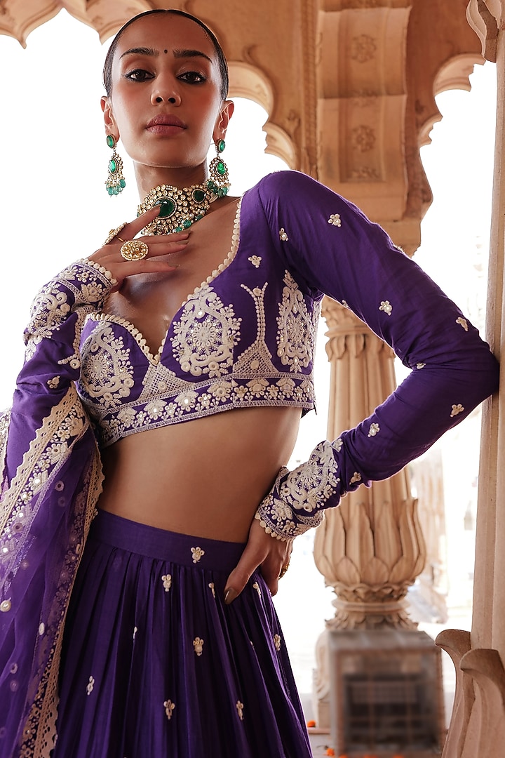 Purple Cotton Mulmul Thread Embroidered Lehenga Set by PREEVIN at Pernia's Pop Up Shop
