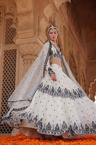 Black & White Cotton Mulmul Thread Embroidered Lehenga Set by PREEVIN