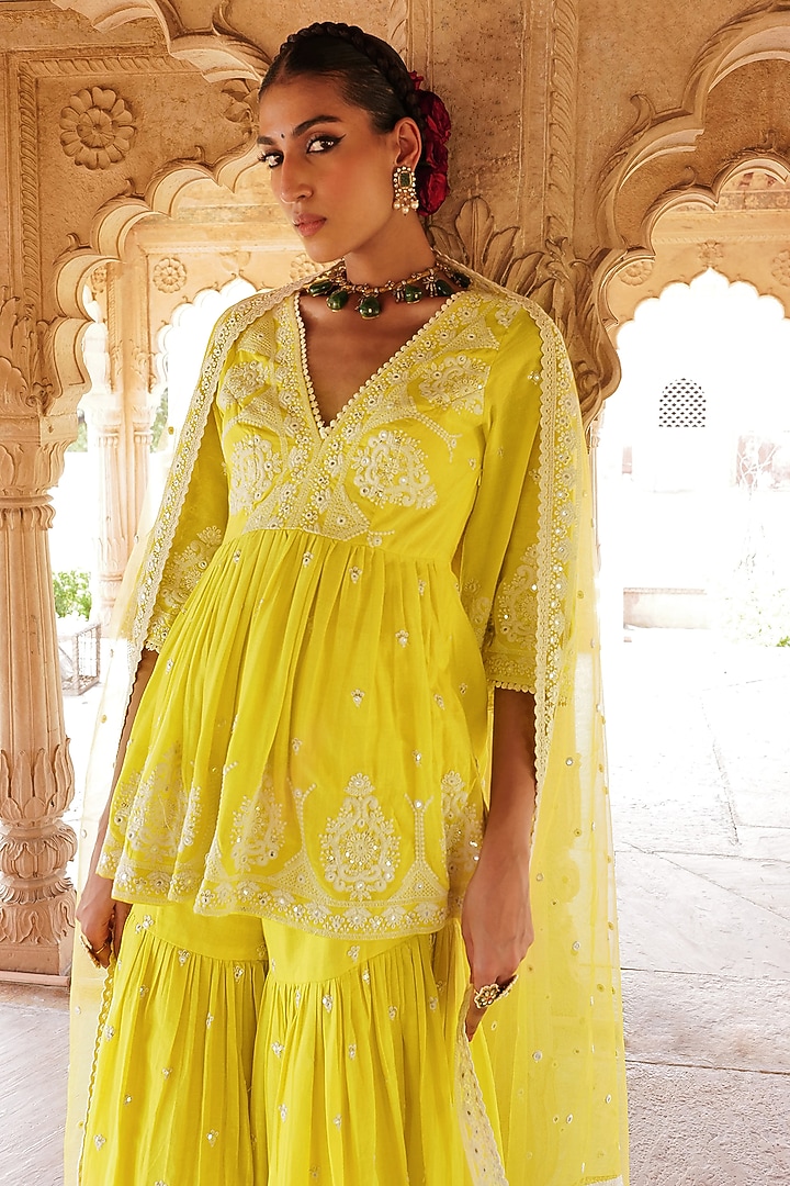 Neon Green Cotton Mulmul Thread Embroidered Party Wear Sharara Set by PREEVIN at Pernia's Pop Up Shop