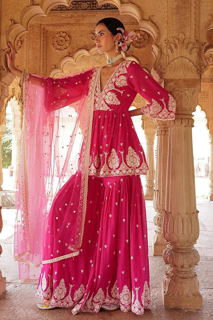 Hot Pink Cotton Mulmul Thread Embroidered Sharara Set by PREEVIN