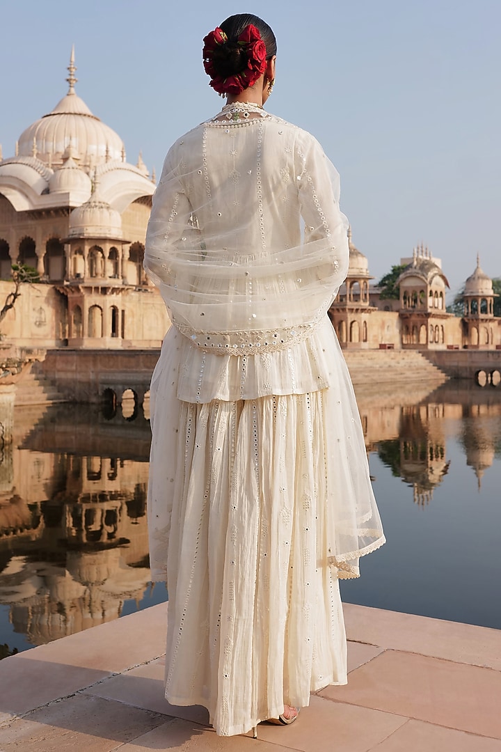 Off-White Cotton Mulmul Thread Embroidered Party Wear Sharara Set by PREEVIN at Pernia's Pop Up Shop