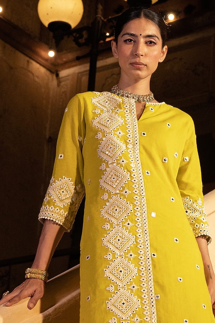 Neon Green Cotton Mulmul Thread & Mirror Work Kurta Set by PREEVIN at Pernia's Pop Up Shop