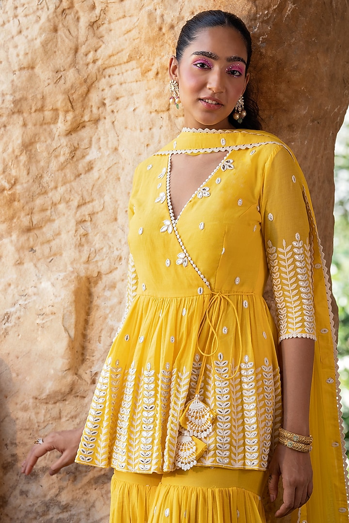 Yellow Cotton Mulmul Sharara Set by PREEVIN at Pernia's Pop Up Shop
