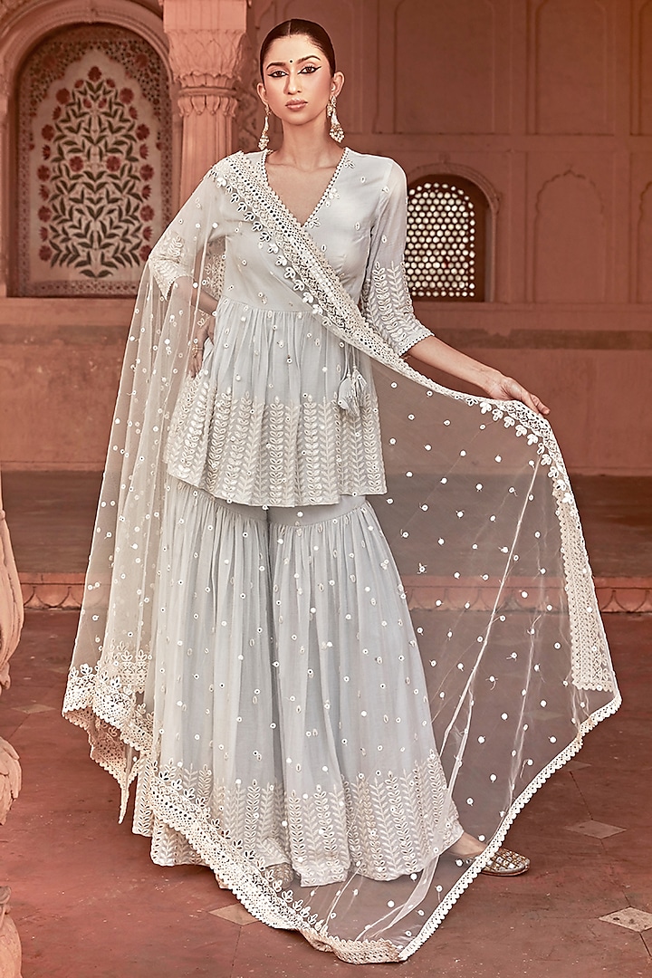Ice Blue Cotton Mulmul Sharara Set by PREEVIN at Pernia's Pop Up Shop