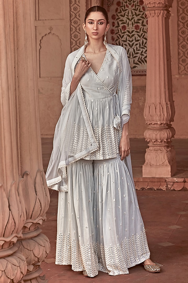Ice Blue Cotton Mulmul Sharara Set by PREEVIN at Pernia's Pop Up Shop
