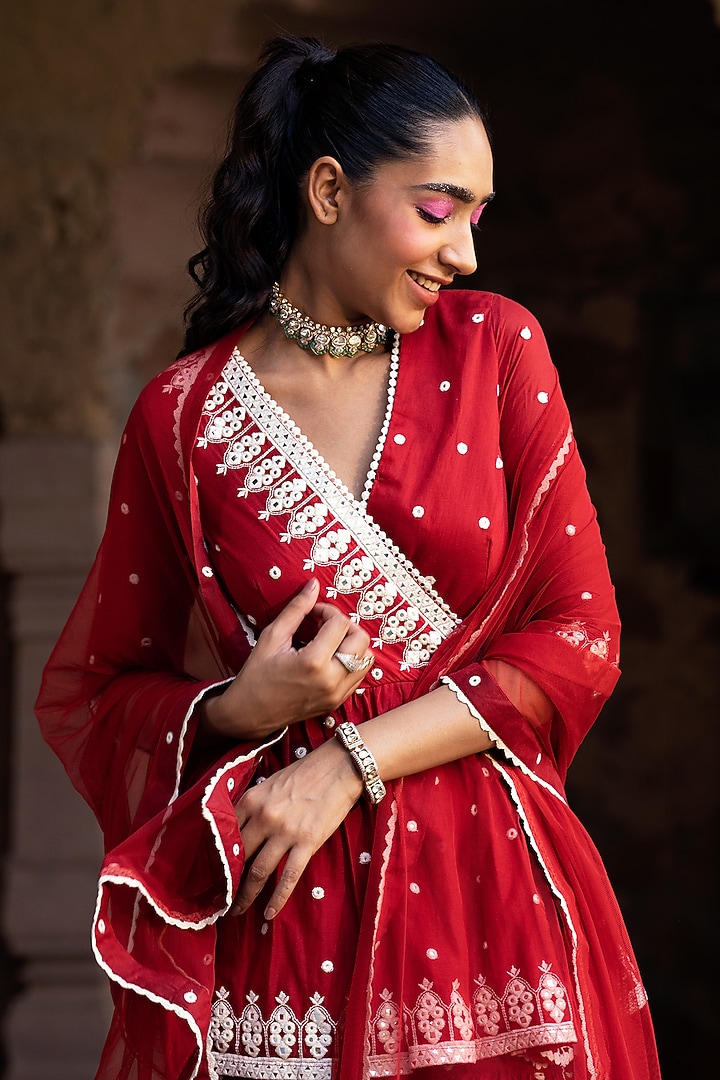 Red Cotton Mulmul Sharara Set by PREEVIN at Pernia's Pop Up Shop