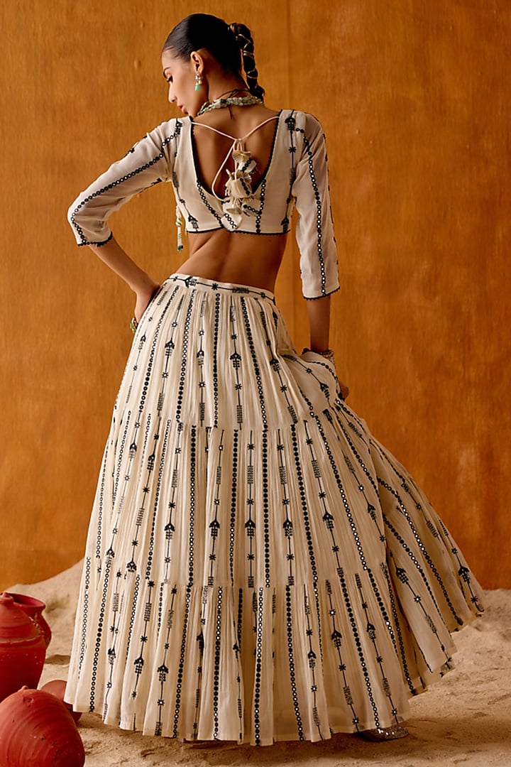 Black & White Cotton Mulmul Mirror Work Lehenga Set by PREEVIN at Pernia's Pop Up Shop