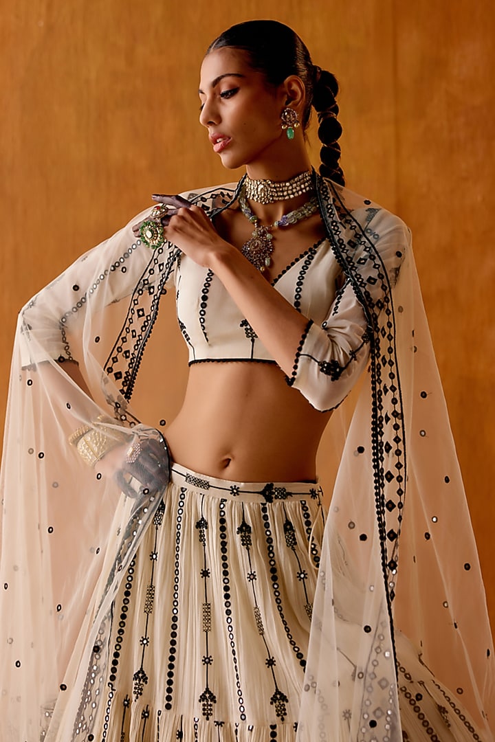 Black & White Cotton Mulmul Mirror Work Lehenga Set by PREEVIN at Pernia's Pop Up Shop