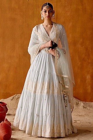Ice Blue Cotton Mulmul Thread & Mirror Work Lehenga Set by PREEVIN