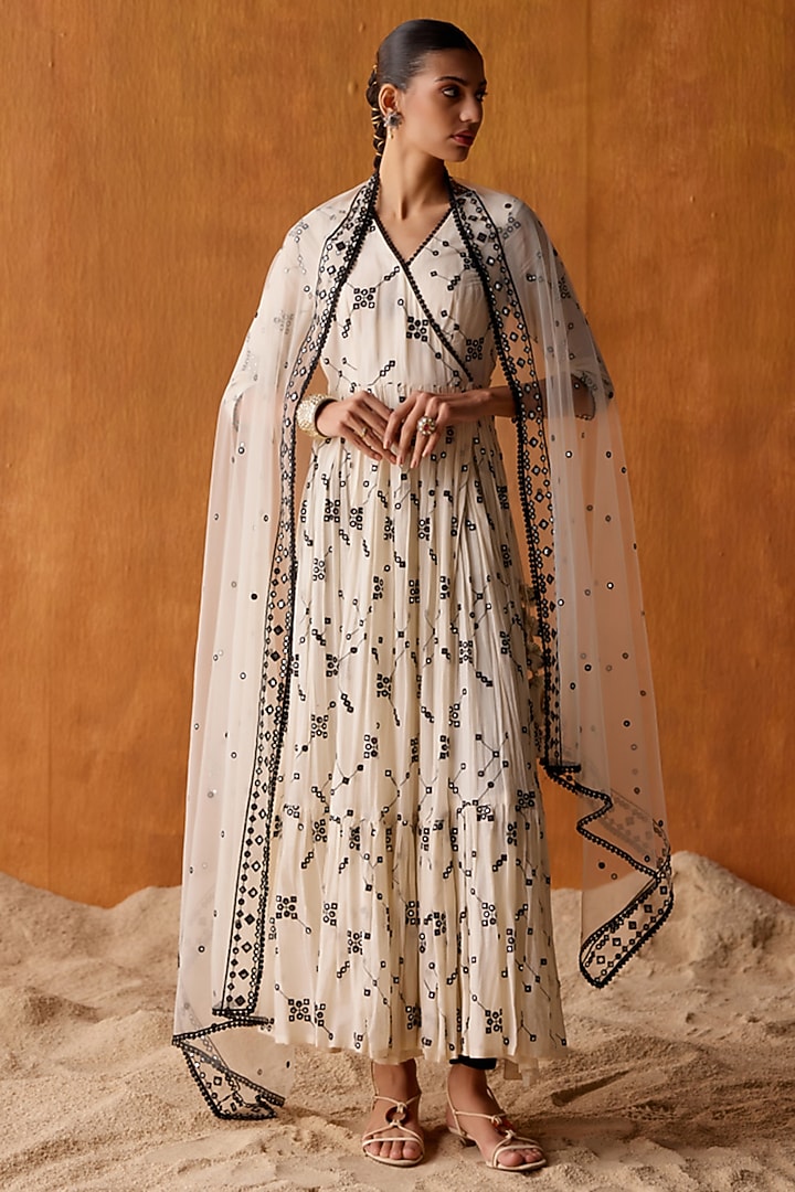 Black & White Cotton Mulmul Mirror Work Angrakha Party Wear Anarkali Set by PREEVIN at Pernia's Pop Up Shop