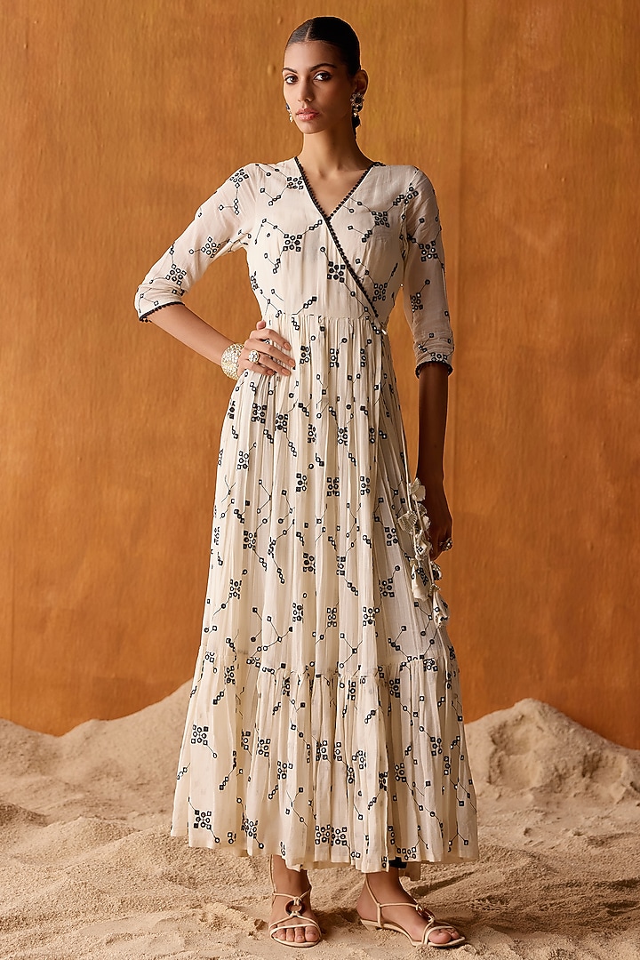Black & White Cotton Mulmul Mirror Work Angrakha Party Wear Anarkali Set by PREEVIN at Pernia's Pop Up Shop
