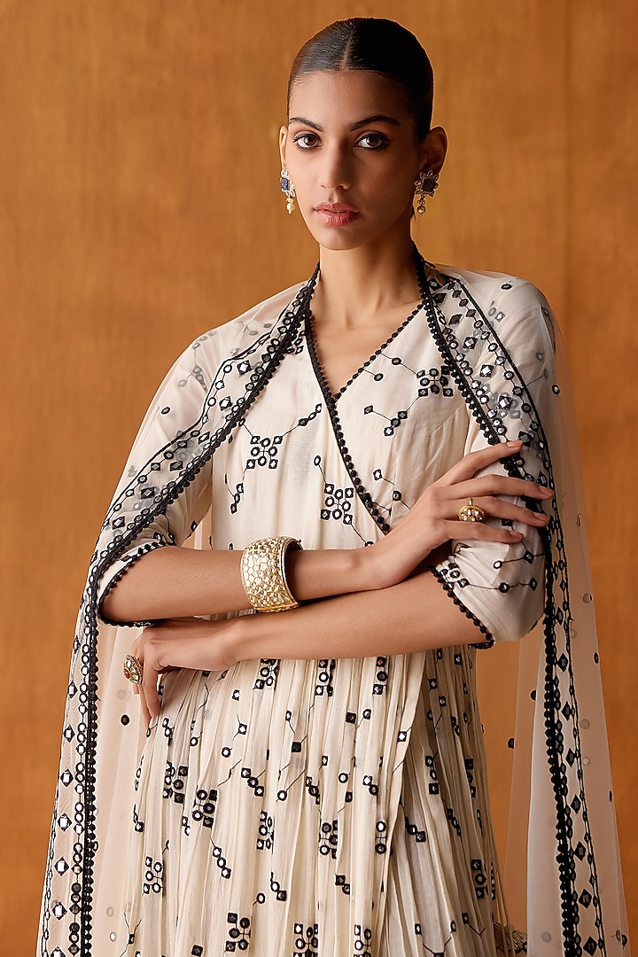 Black & White Cotton Mulmul Mirror Work Angrakha Party Wear Anarkali Set by PREEVIN at Pernia's Pop Up Shop