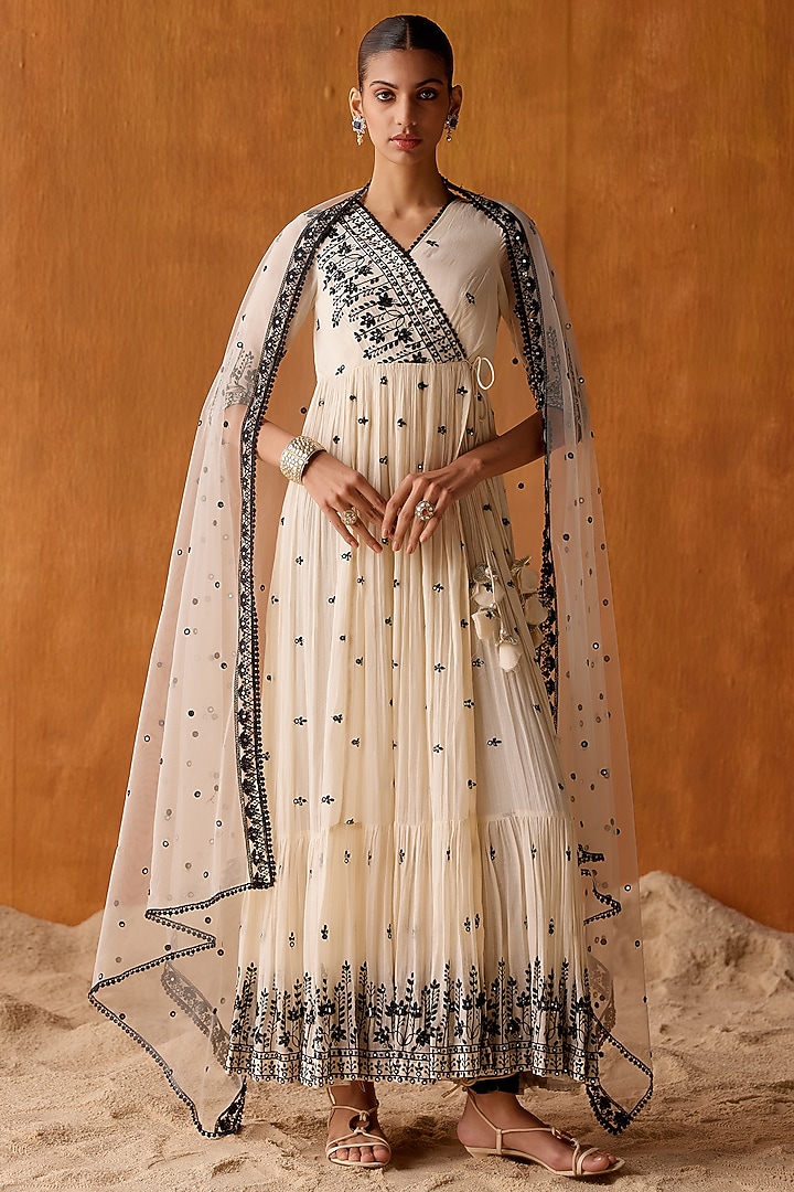 Black & White Cotton Mulmul Mirror Work Angrakha Party Wear Anarkali Set by PREEVIN at Pernia's Pop Up Shop