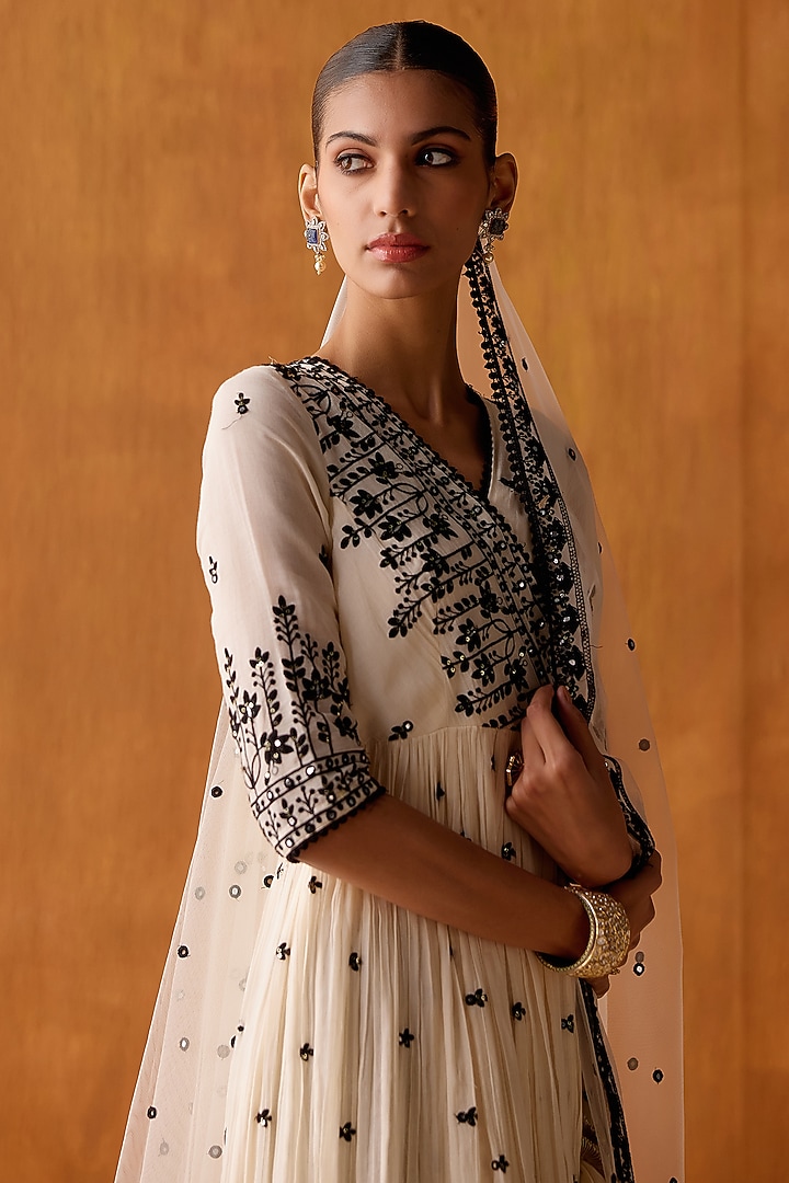 Black & White Cotton Mulmul Mirror Work Angrakha Party Wear Anarkali Set by PREEVIN at Pernia's Pop Up Shop