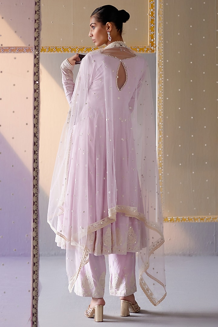 Lavender Cotton Mulmul Thread & Mirror Work Party Wear Anarkali Set by PREEVIN at Pernia's Pop Up Shop