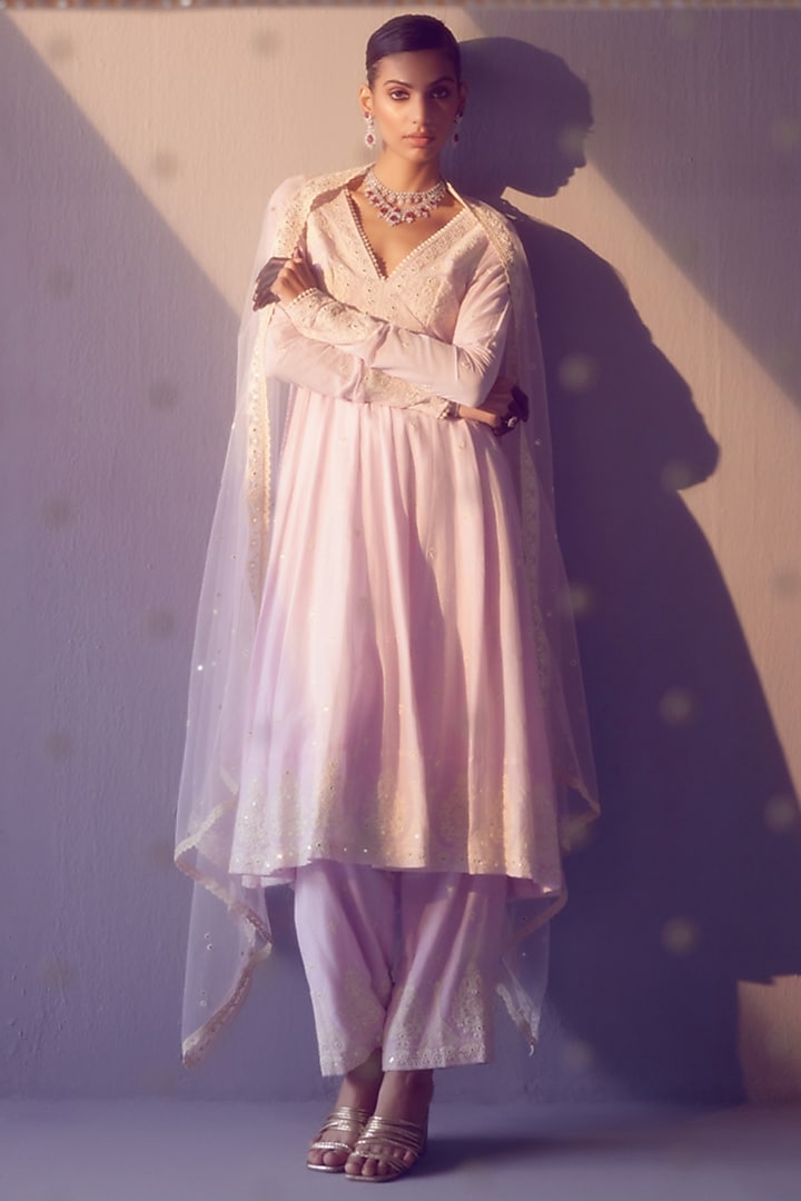 Lavender Cotton Mulmul Thread & Mirror Work Party Wear Anarkali Set by PREEVIN at Pernia's Pop Up Shop
