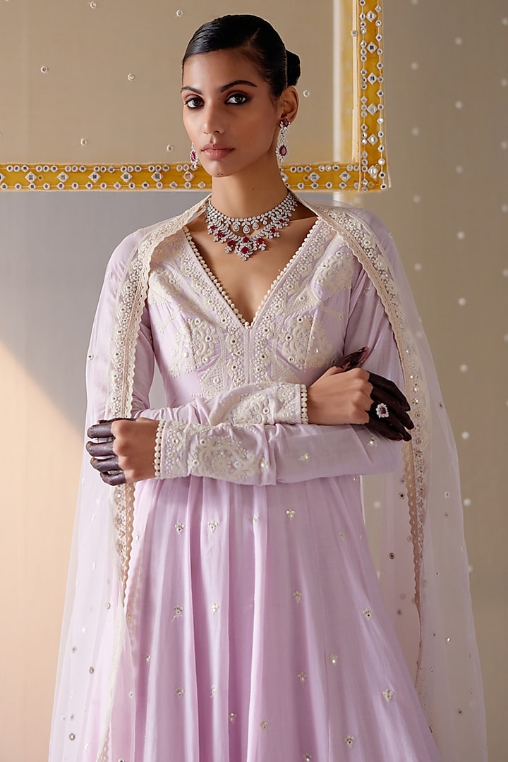 Lavender Cotton Mulmul Thread & Mirror Work Party Wear Anarkali Set by PREEVIN at Pernia's Pop Up Shop
