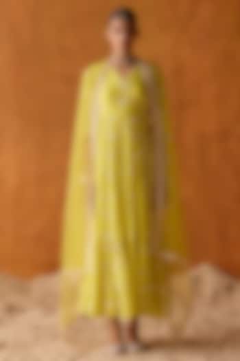 Neon Green Cotton Mulmul Mirror Work Angrakha Party Wear Anarkali Set by PREEVIN at Pernia's Pop Up Shop