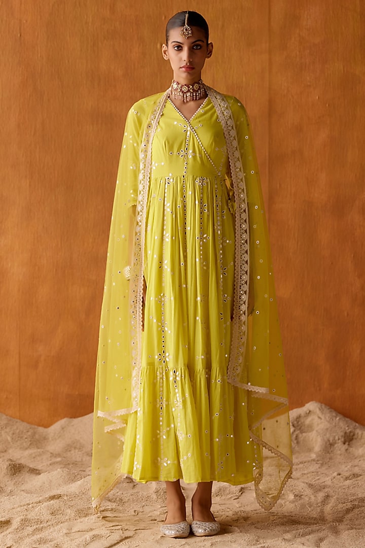 Neon Green Cotton Mulmul Mirror Work Angrakha Party Wear Anarkali Set by PREEVIN at Pernia's Pop Up Shop