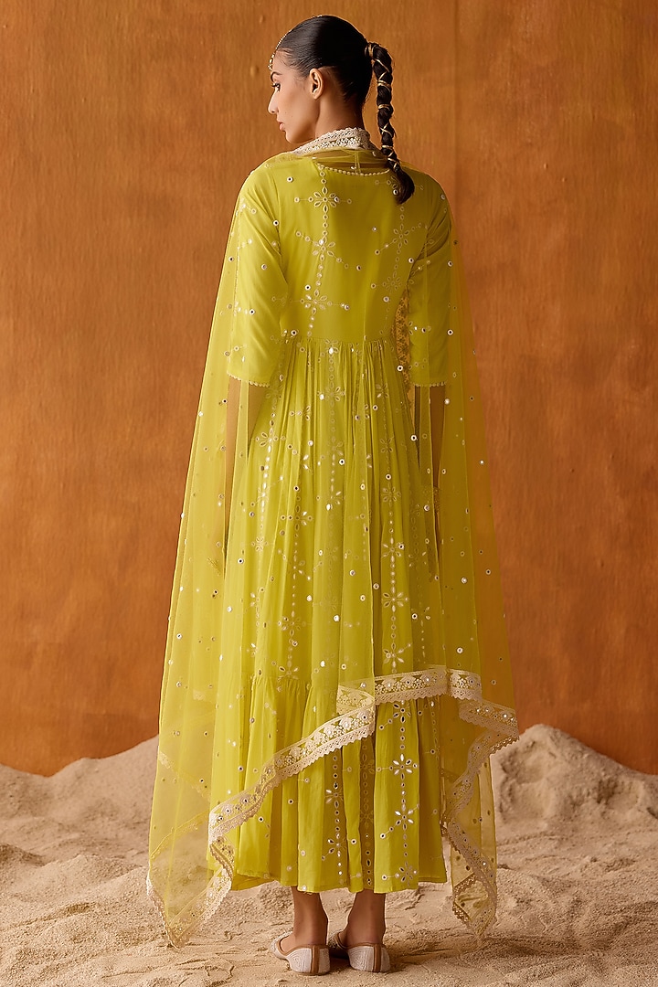 Neon Green Cotton Mulmul Mirror Work Angrakha Party Wear Anarkali Set by PREEVIN at Pernia's Pop Up Shop
