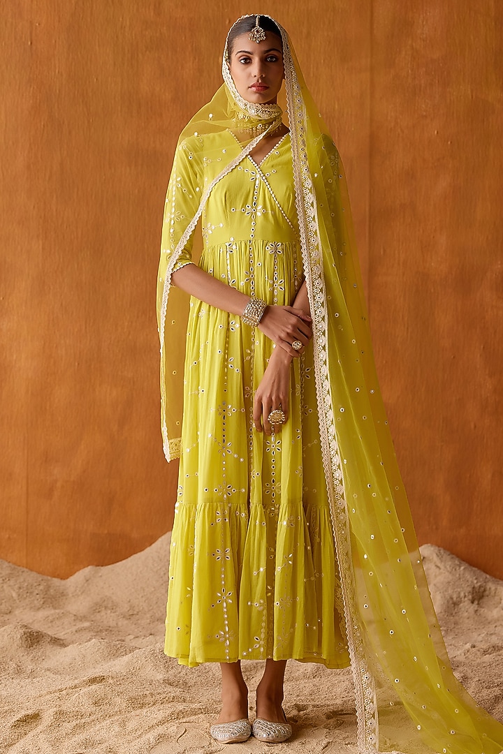 Neon Green Cotton Mulmul Mirror Work Angrakha Party Wear Anarkali Set by PREEVIN at Pernia's Pop Up Shop