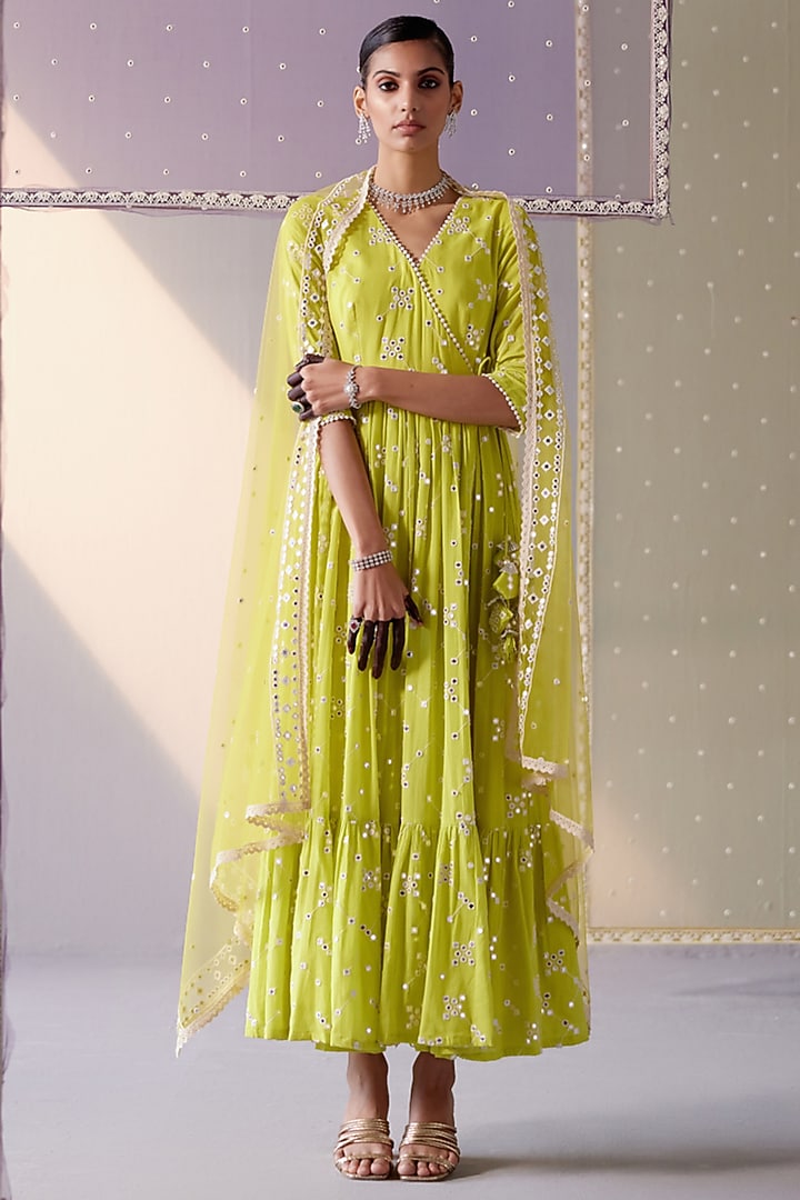 Neon Green Cotton Mulmul Mirror Work Angrakha Party Wear Anarkali Set by PREEVIN at Pernia's Pop Up Shop
