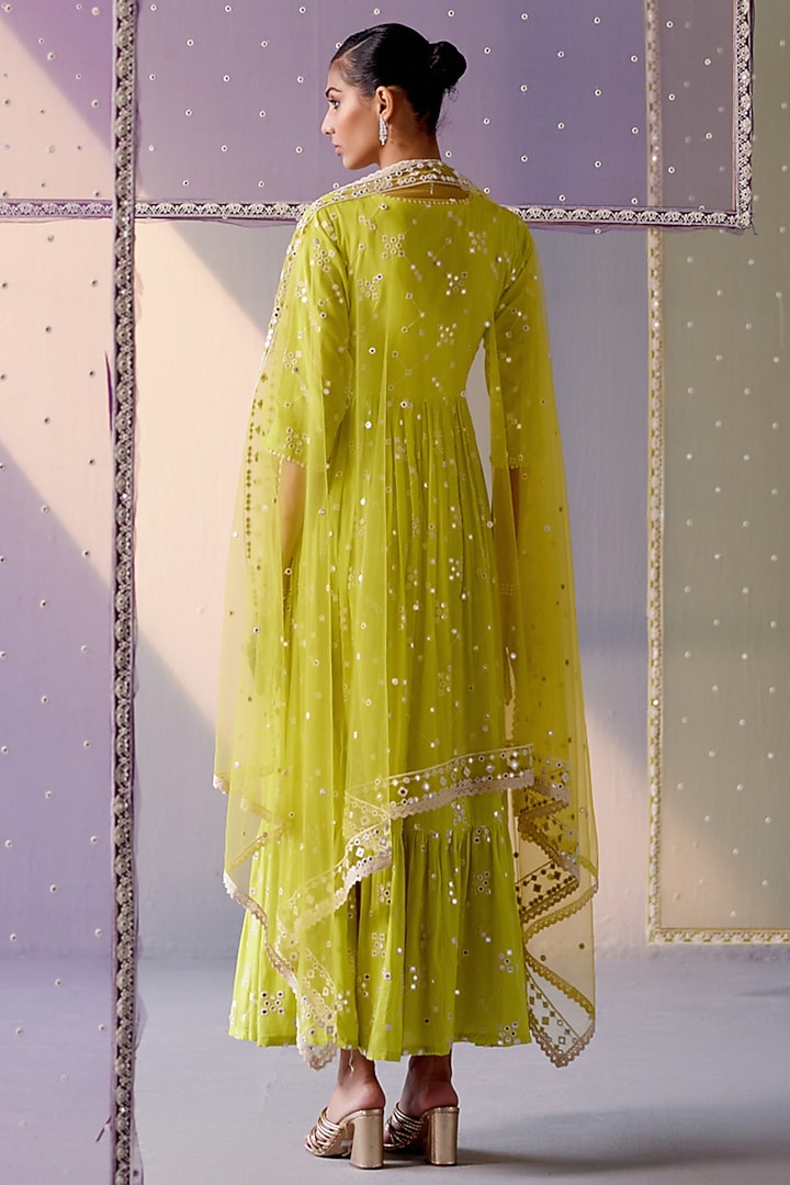 Neon Green Cotton Mulmul Mirror Work Angrakha Party Wear Anarkali Set by PREEVIN at Pernia's Pop Up Shop