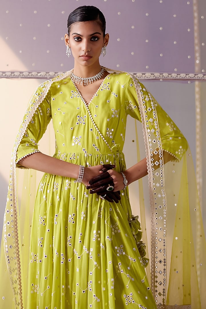 Neon Green Cotton Mulmul Mirror Work Angrakha Party Wear Anarkali Set by PREEVIN at Pernia's Pop Up Shop