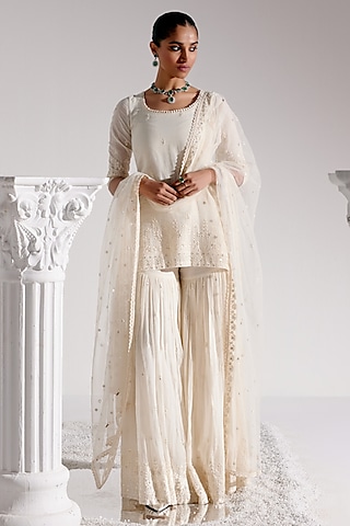 Off-White Cotton Mulmul Thread & MIrror Work Sharara Set by PREEVIN