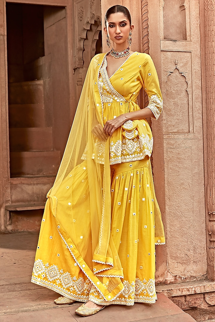 Yellow Cotton Mulmul Thread Work Sharara Set by PREEVIN at Pernia's Pop Up Shop