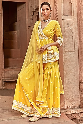 Yellow Cotton Mulmul Thread Work Sharara Set by PREEVIN
