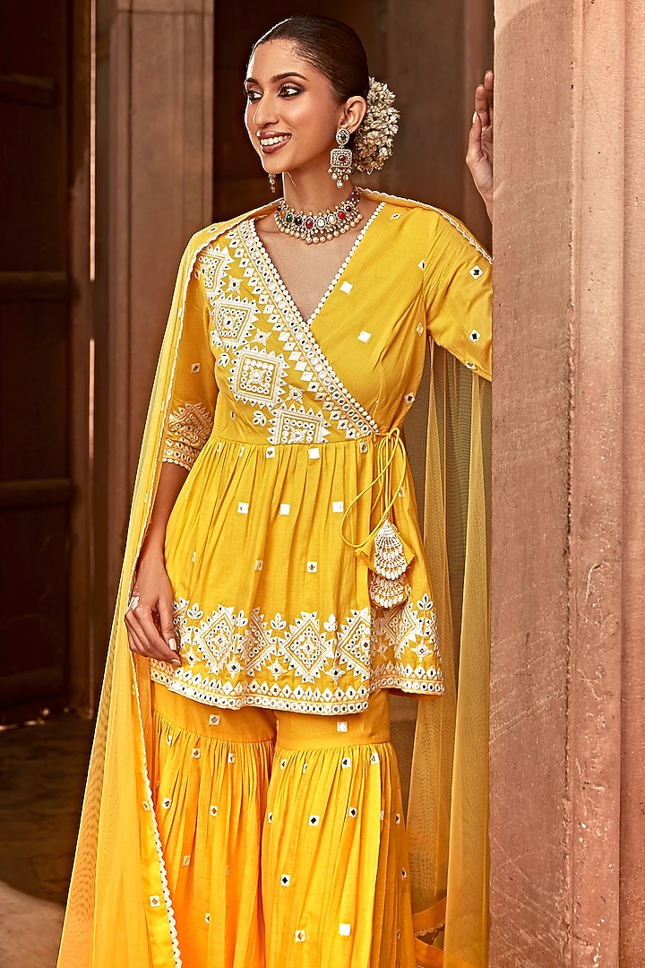 Yellow Cotton Mulmul Thread Work Sharara Set by PREEVIN at Pernia's Pop Up Shop