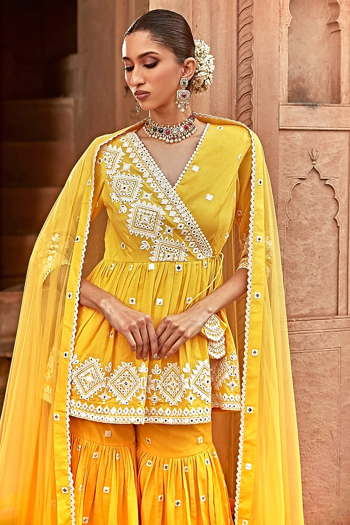 Yellow Cotton Mulmul Thread Work Sharara Set by PREEVIN at Pernia's Pop Up Shop