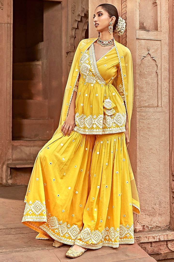 Yellow Cotton Mulmul Thread Work Sharara Set by PREEVIN at Pernia's Pop Up Shop