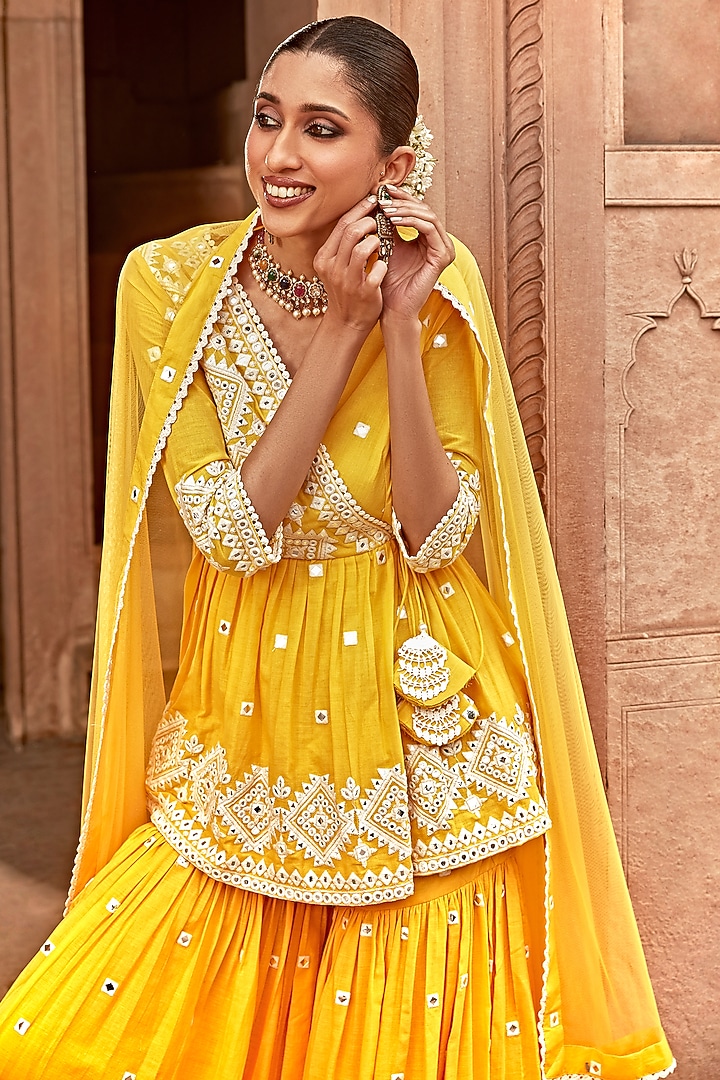 Yellow Cotton Mulmul Thread Work Sharara Set by PREEVIN at Pernia's Pop Up Shop