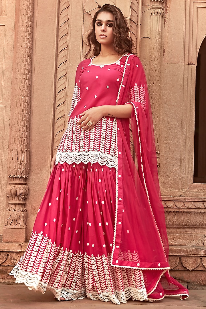 Red Cotton Mulmul Thread Work Sharara Set by PREEVIN at Pernia's Pop Up Shop