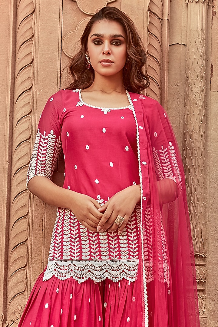 Red Cotton Mulmul Thread Work Sharara Set by PREEVIN at Pernia's Pop Up Shop