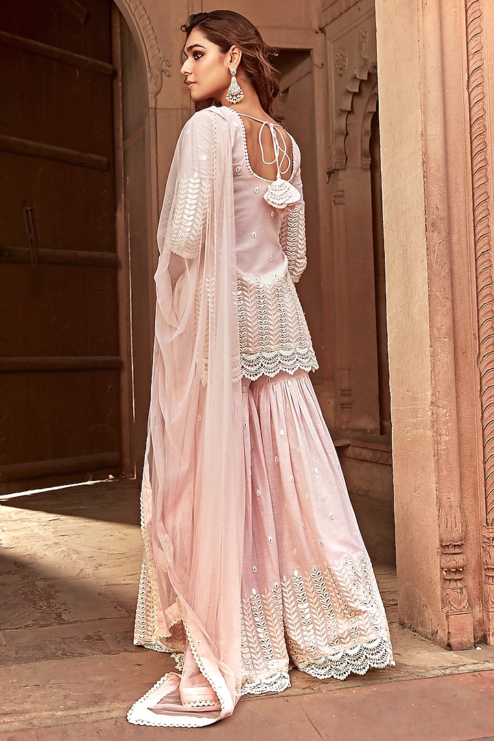 Blush Pink Cotton Mulmul Thread Work Sharara Set by PREEVIN at Pernia's Pop Up Shop